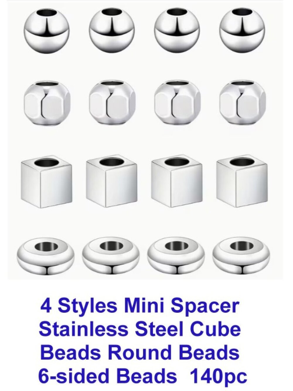 4 Styles Mini Spacer Stainless Steel Cube Beads Round Beads 6-sided Beads  140pc